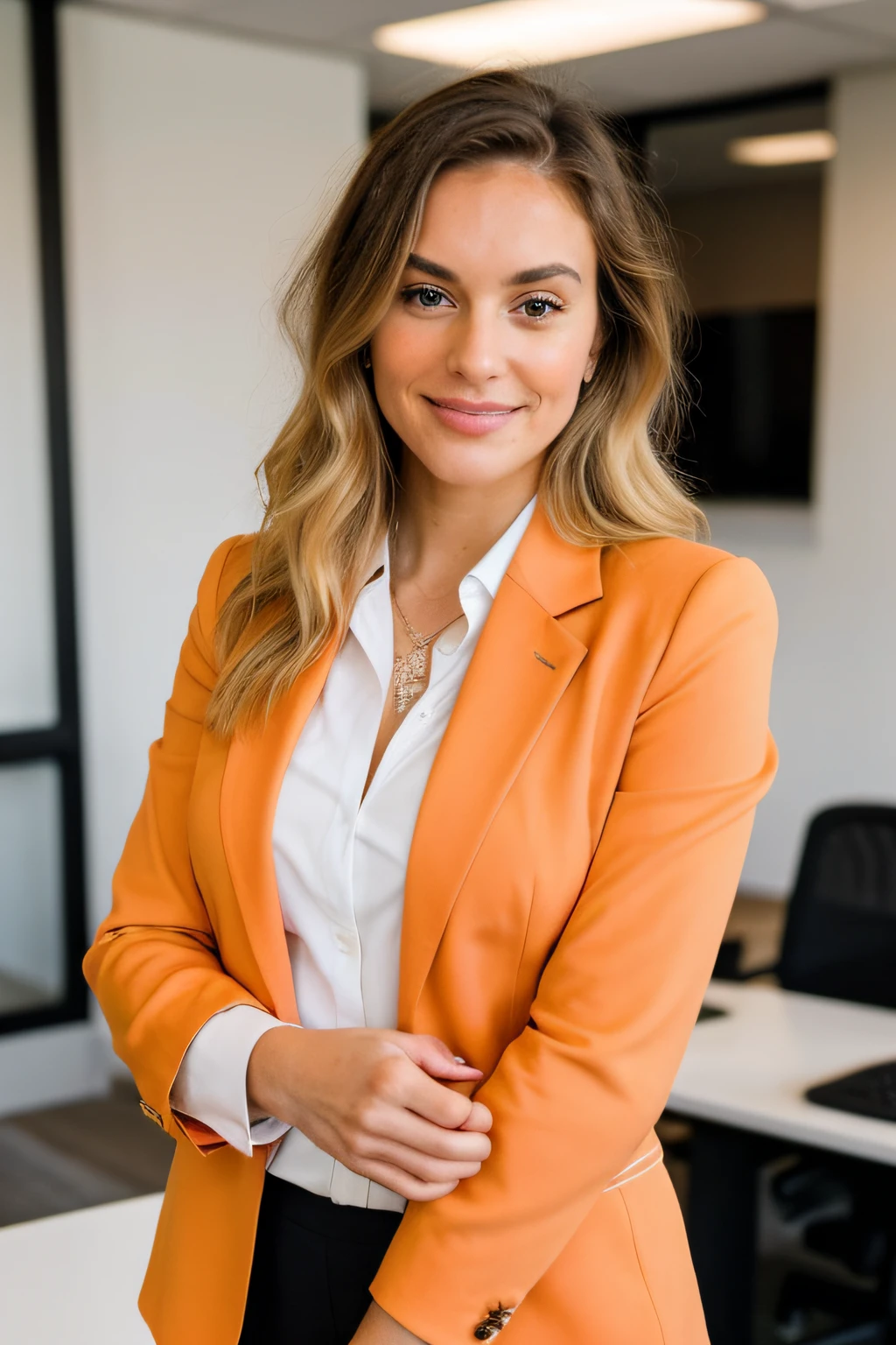 White businesswoman, com sua assinatura solta, cabelos loiros ondulados, exudes sophistication in your modern office. Contudo, the focus is unmistakably on her striking burnt orange blazer, a vibrant and powerful choice that not only complements your style, but also serves as a defining element of your professional attire.

O ousado blazer laranja, a statement piece against your blonde hair, adiciona um toque de cor cativante, tornando-o um ponto focal em seu conjunto. Accurately captured using a DSLR and an 80mm Sigma f2 lens, a fotografia destaca habilmente os detalhes de seu rosto expressivo, Pele radiante, e a textura dela solta, cabelos loiros ondulados. A profundidade de campo aumenta o foco nela, com luz natural iluminando a cena, acentuando tanto o cabelo loiro quanto o marcante tom laranja do blazer.

Confidently positioned with hands on table, ela exala uma atitude equilibrada e determinada, incorporando o sucesso no mundo profissional. The image masterfully captures the elegance, autenticidade, e empoderamento dos brancos, blonde businesswoman, with the bold statement of the vibrant orange blazer taking precedence in her sleek, modern workspace.