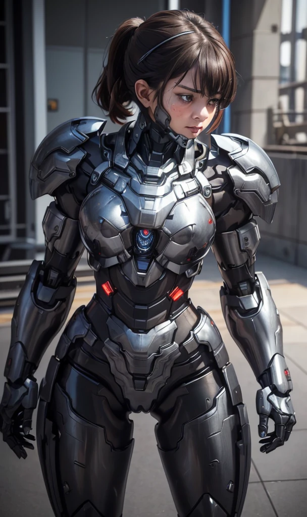 Textured skin, Super Detail, high details, High quality, Best Quality, hight resolution, 1080p, hard disk, Beautiful,(War Machine),beautiful cyborg woman,red and black mecha cyborg girl,Battle Mode,Girl with a Mecha Body(armor black 7、black 3 ratio),She wears a futuristic war machine weapon mech、Very Shorthair、Brown eyes、Sweaty face、tired expression、　Opening Mouth　sexy eye　Steam from the head　kneeking　fullface　Destroyed combat uniforms　heavily damaged armor　Sweaty face　Woman with distressed expression　completely and partially destroyed