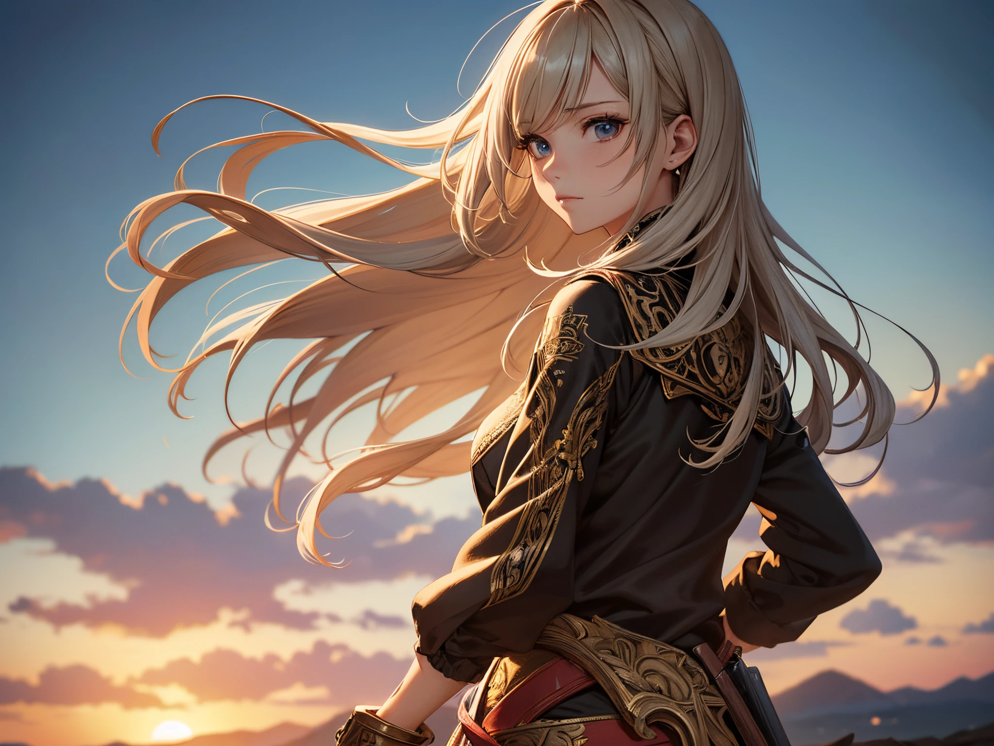 ((Finest quality)),(超A high resolution),(ultra-detailliert),(Meticulous portrayal),((Best Anime)),(Finest works of art),(Ultra-Precision Art),(The art of astounding depiction,Overwhelming depiction:1.5),(Complex and detailed fantasy art:1.6), Fantastical:1.5, (１female traveler:1.6),a cloak that wraps around the body:1.5,Hair disheveled in the wind:1.6, (the wind blowing from behind her:1.7)