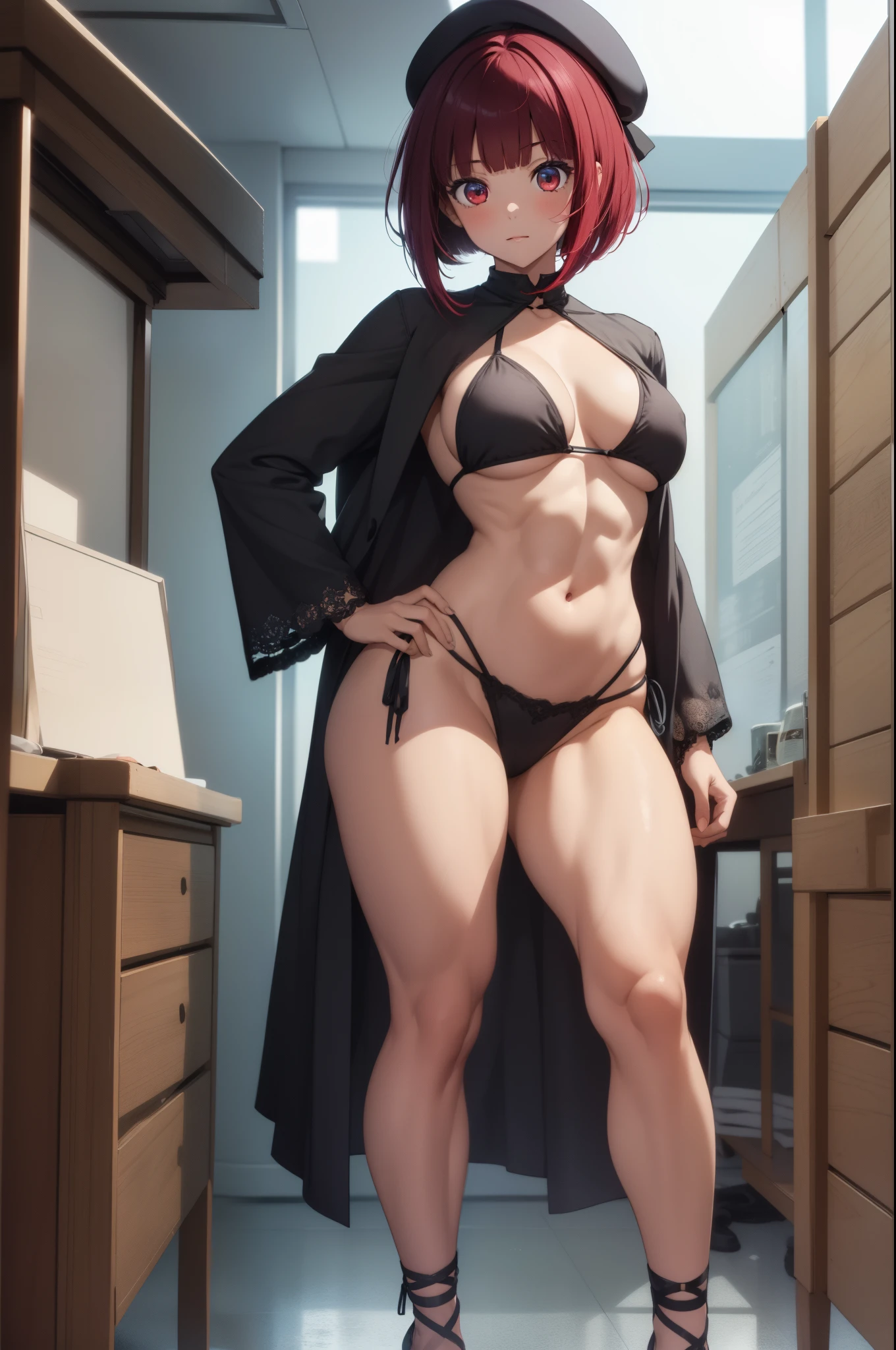 (((1 girl))), Kana Arima, bob cut, (red eyes: 1.5), red hair, short hair,
BREAK beret, (Wearing a very sexy and short bikini), hat, (muscular belly), wide hips, thin waist, (((making a sensual pose))), wearing black high-heeled shoes, (((standing)) ), {{{full body photo}}}, bad mood,
BREAK looking at the viewer,
Break-in at home, classroom,
break (masterpiece: 1.2), best quality, highest resolution, Unity 8k wallpaper, (illustration: 0.8), (beautiful detailed eyes: 1.6), extremely detailed face, perfect lighting, extremely detailed CG, (perfect hands , perfect anatomy),