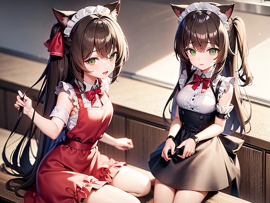 night time. Girl with green eyes and long brown hair. Two short curls lie on her shoulders in front. The main part of the hair is loose and visible from behind. The cat's tail is visible from behind. dressed in a maid's uniform, and wears cat ears as a headdress. Sitting on a chair in the kitchen at the table. There are cake and gifts on the table