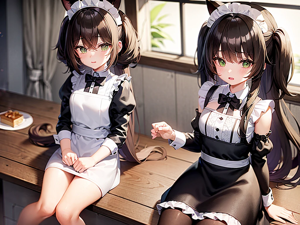 night time. Girl with green eyes and long brown hair. Two short curls lie on her shoulders in front. The main part of the hair is loose and visible from behind. The cat's tail is visible from behind. dressed in a maid's uniform, and wears cat ears as a headdress. Sitting on a chair in the kitchen at the table. There are cake and gifts on the table