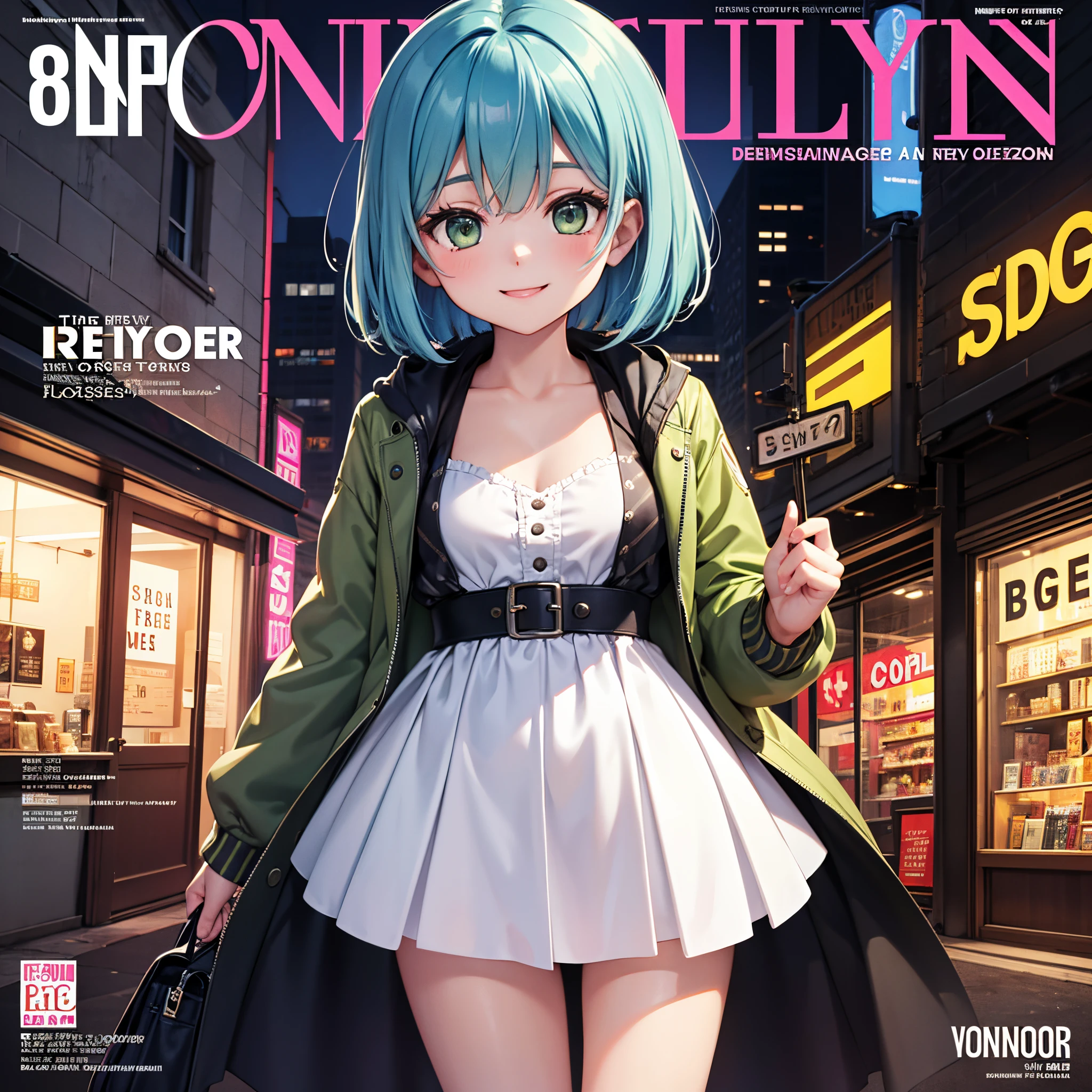 Only one girl, 1girl, wearing a demin jacket, bob hairstyle, sky blue hair color, olive green eyes, smile, at neon city, magazine cover, Inspired by the cover of Cosmopolitan magazine, text bold and eye catching, stand straight, looking at the viewer