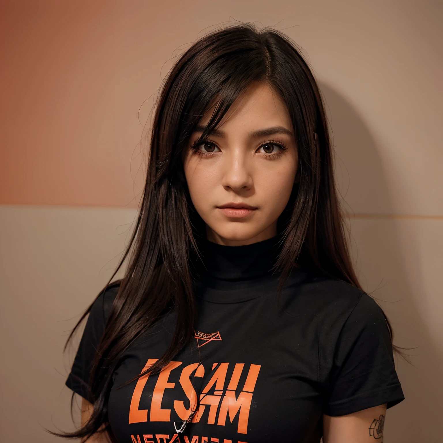 Uma moca estilo anime com o cabelo preto e mechas vermelhas,usando um brico com a logo da netflix e olhos vermelhos  e a roupa vc escolhe mas tem q ter as cores vermelho e preto