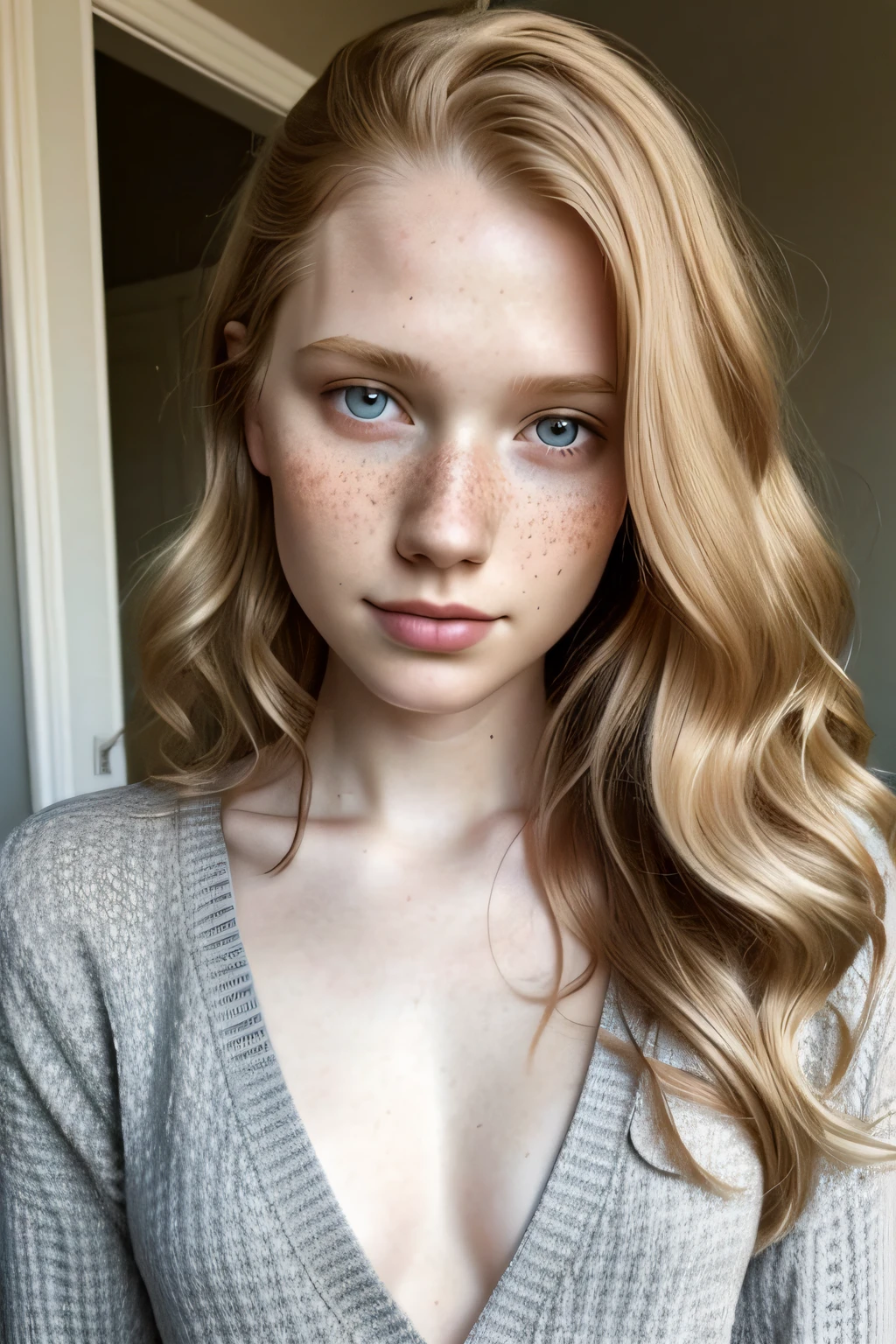 1girl in, 19, Solo, Aesthetic artwork, irish, wavy strawberry blonde hair, shoulder length hair, gray eyes, light grey eyes, some small freckles, pale skin, runners body, (textured skin, skin pores:1.1), goosebumps, wearing a cardigan without anything underneath, no bra, exposed breasts, sexy pose