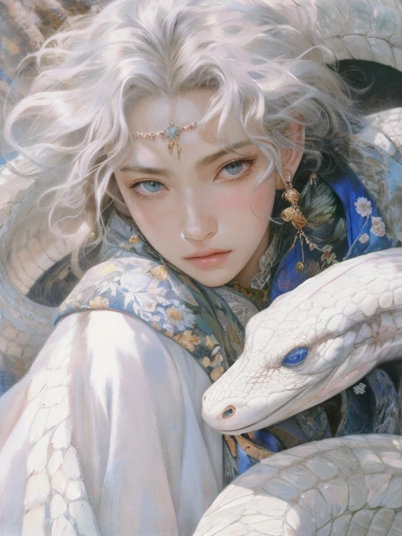 Un primer plano de un hombre con una serpiente en el hombro, yoshitakka amano Karol Bak, Guweiz, por Yang J, por Ye Xin, Obras de arte al estilo de Guweiz, Hermosa pintura de personajes, por Chen Lin, piel blanca y ojos reflectantes, Loong, Obra maestra de Guweiz, por Yang Jin, Deidad de pelo blanco