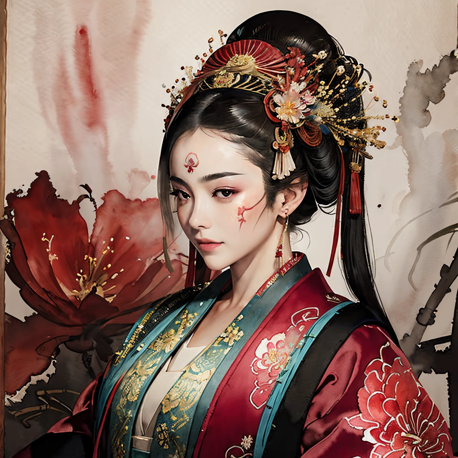 (masterpiece:1.2, best quality), (very detailed face, real picture, realistic skin, realistic body, intricate details), solo, 1milf, casual,ukiyo-e, (Watercolor:1.3), Oiran,