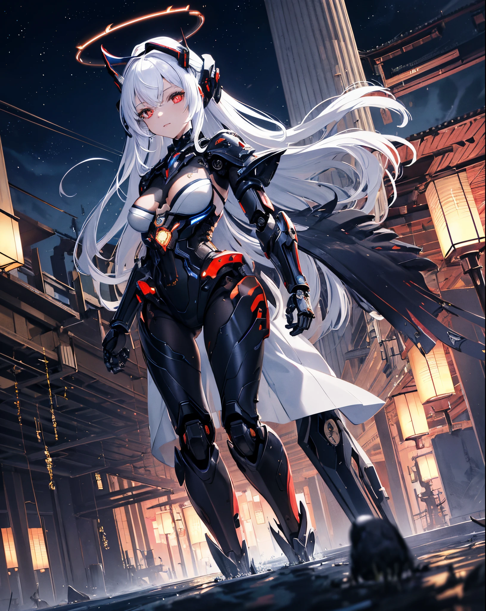 masterpiece,best quality,ultra-detailed,very detailed illustrations,extremely detailed,intricate details,highres,super complex details,extremely detailed 8k cg wallpaper,cowboy shot, caustics,reflection,ray tracing,demontheme,nebula,dark aura,cyber effect, (1girl:1.4),solo,alone,mecha musume,mechanical parts, robot joints,single mechanical arm, headgear, mechanical halo,star halo,intricate mechanical bodysuit, mecha corset, kimono, full armor, very long hair,white hair, hair between eyes, multicolored hair, colored inner hair, red eyes,glowing eye,eye trail, random expressions,random action, ancient japanese architecture,pond, starry sky,skyline,