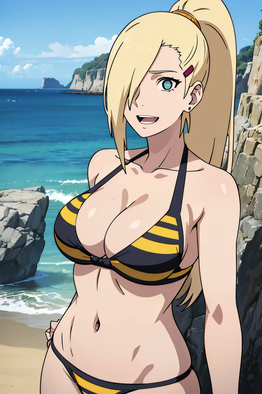 Ino yamanaka, cowboy shot, ultra detailed face, sunny day, day time, upper body view, anime style, solo, (yellow bikini with black stripes only), detailed beach side, cleavage, medium breasts, blonde, ((one eye covered with hair, hair over eye)), looking at the viewer, thick arms, off-shoulders, hidden eye, long belly, smile, open mouth, very happy, tall, hair clip, sharp look, sharp face, sharp eye, long neck, groin,  leaning on rocks