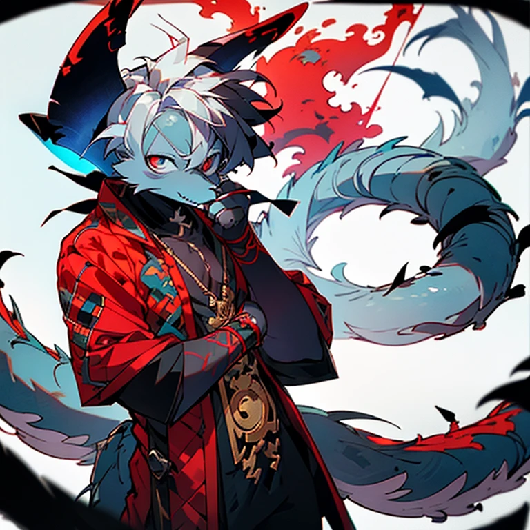 It has a blue horn that looks like a crescent moon. ,has a long tail like a dragon , with a skull covering his face, faceless, with a red tattoo across his chest , has one eye under the cleavage