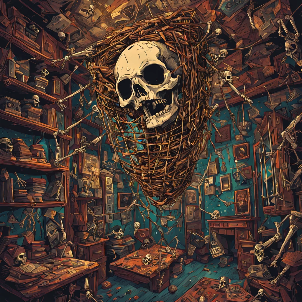 A person trap hanging from the ceiling now they cannot escape and now they are a skelly, in maximalism art style