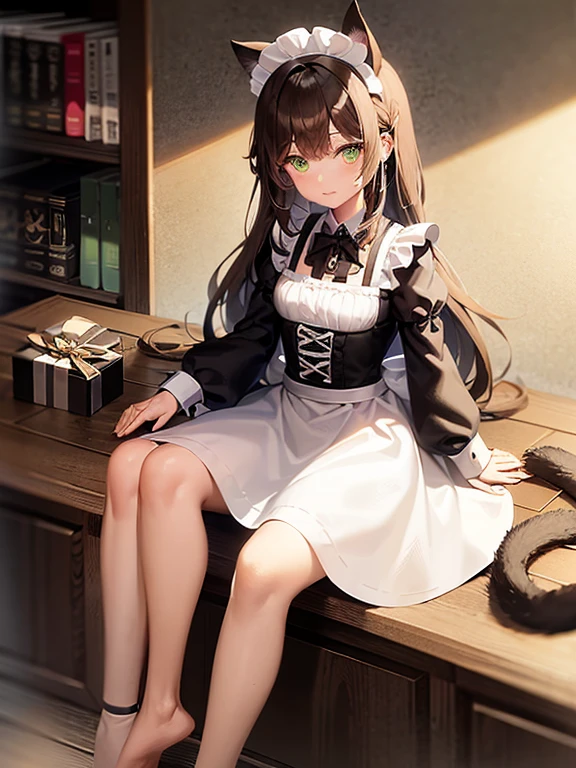 night time. Girl with green eyes and long brown hair. Two short curls lie on her shoulders in front. The main part of the hair is loose and visible from behind. The cat's tail is visible from behind. dressed in a maid's uniform, and wears cat ears as a headdress. Sitting on a chair in the kitchen at the table. There are cake and gifts on the table