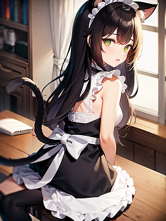 One Girl、(20-year-old woman)、Cat ears headband、Cat tail、Black maid outfit、Holding a tray with two parfaits on it in one hand、With the other hand, lift your skirt to show your underwear、Short skirt、I can see your pants、White knee-high socks、Striped pants、Highest quality、8K、Beautiful Face、Mischievous smile、Wink to the viewer、View Viewer、A bright cafe with a black cat
