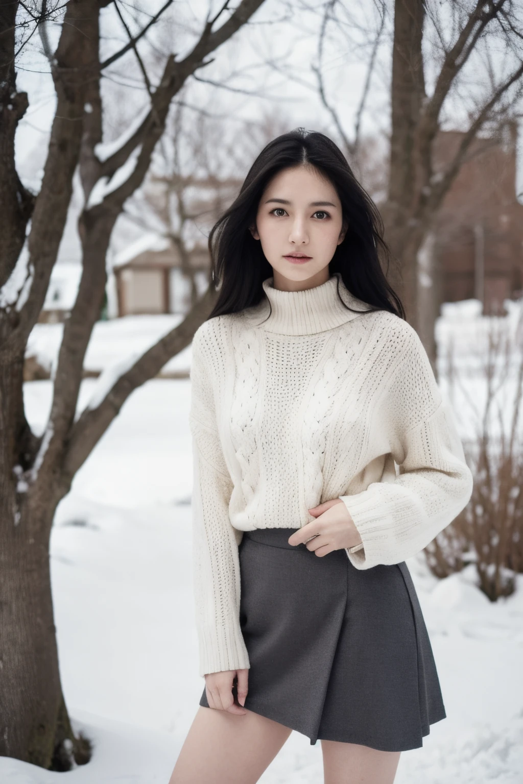 Best Quality, masutepiece,4K, Black hair,Detailed(F-cup), Dark eyes, A long skirt that flips in the wind, Floating hair, yuki, Upper body, Detailed face, Winters, Trees, Sunshine,White sweater,look at viewr,Detailed eyes,(Realistic:1.2),25age、One woman、Full body posing、low angles、Snowy landscape in the background、Naked and open legs、boots on my feet