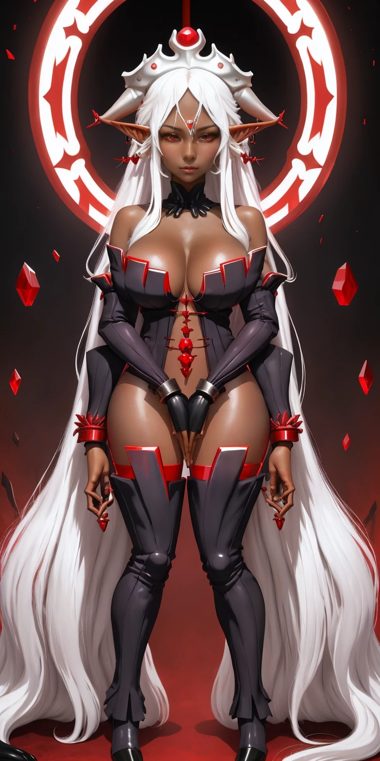 full body standing symmetrical barefeet ((black skin elf girl))), (((red ruby eyes))), (((long white hair))), (((breasts:1.2))), (((solo))), shackles on legs and arms together