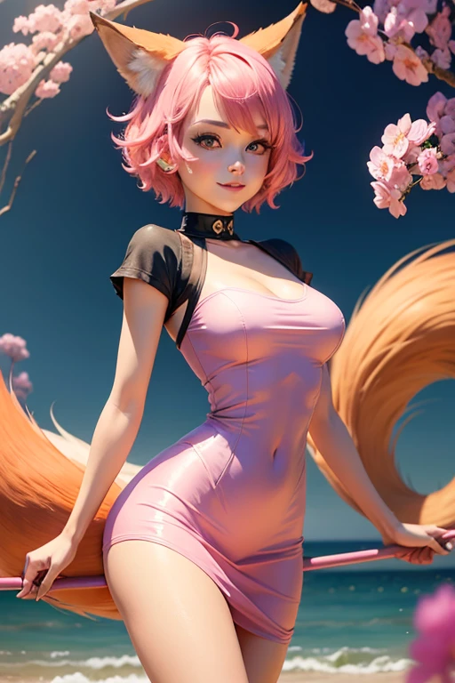 woman, short pink hair, Fox ears, Fox tails, colorful eyes, tight dress, ssmile, Masterpiece, hiquality