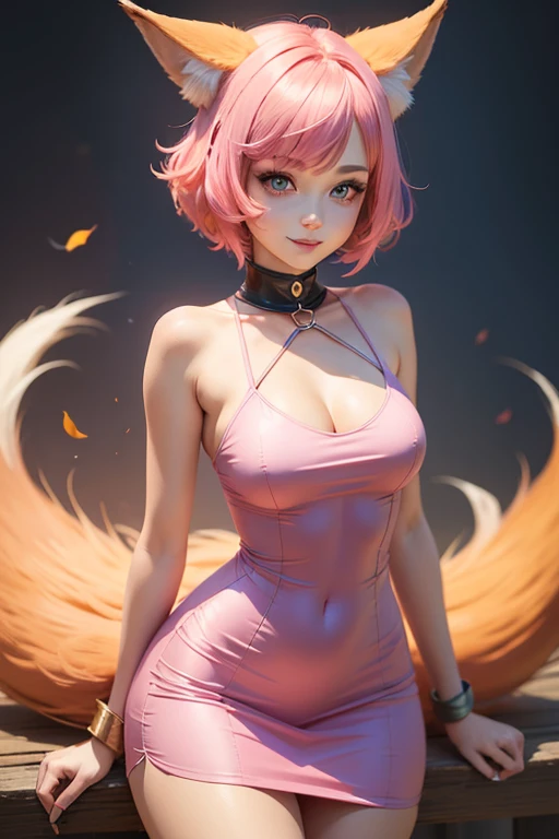 woman, short pink hair, Fox ears, Fox tails, colorful eyes, tight dress, ssmile, Masterpiece, hiquality