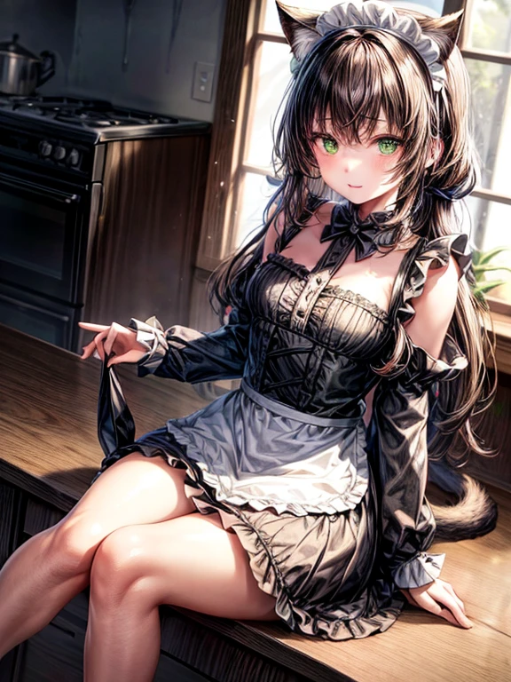 night time. Girl with green eyes and long brown hair. Two short curls lie on her shoulders in front. The main part of the hair is loose and visible from behind. The cat's tail is visible from behind. dressed in a maid's uniform, and wears cat ears as a headdress. Sitting on a chair in the kitchen at the table. There are cake and gifts on the table