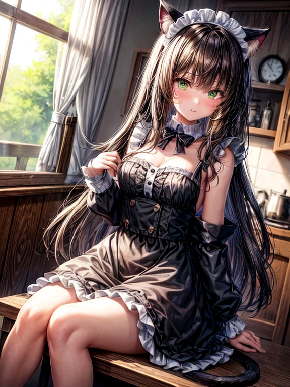 night time. Girl with green eyes and long brown hair. Two short curls lie on her shoulders in front. The main part of the hair is loose and visible from behind. The cat's tail is visible from behind. dressed in a maid's uniform, and wears cat ears as a headdress. Sitting on a chair in the kitchen at the table. There are cake and gifts on the table