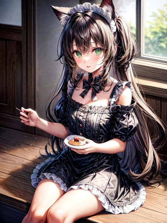 night time. Girl with green eyes and long brown hair. Two short curls lie on her shoulders in front. The main part of the hair is loose and visible from behind. The cat's tail is visible from behind. dressed in a maid's uniform, and wears cat ears as a headdress. Sitting on a chair in the kitchen at the table. There are cake and gifts on the table