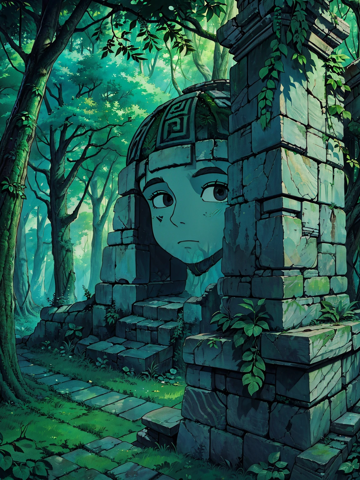 (ancient ruins, covered by time and vegetation) (on a forest trail) (with large trees) (secret passage) (best quality) (masterpiece) (perfect portrait) (strange scriptures) (The walls of the ruins were engraved with enigmatic symbols)