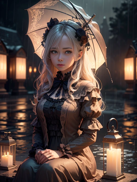 (extremely detailed CG unity 8k wallpaper), a beautiful young woman in the rain, dress, sitting, graveyard with lanterns, Style-Empire, (Style-Glass), (((surrealism))), full_body_shot, dramatic, backlit, light rays, volumetric lighting, detailed face, highly detailed, painting
