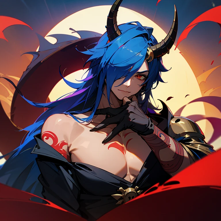 It has blue horns resembling a crescent moon. It has a long tail like a dragon. A skull covering his face, no face, and a red tattoo across his chest. There was only one eye beneath the cleavage.
He is a handsome dragon demon. He's naked and has a really big dick. He is a muscle man.