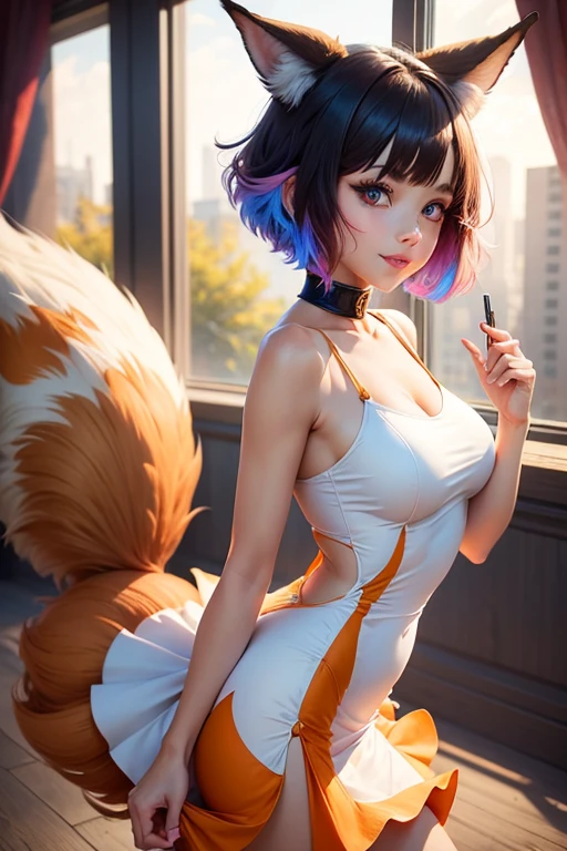woman, short hair, Fox ears, Fox tails, colorful eyes, tight dress, ssmile, Masterpiece, hiquality