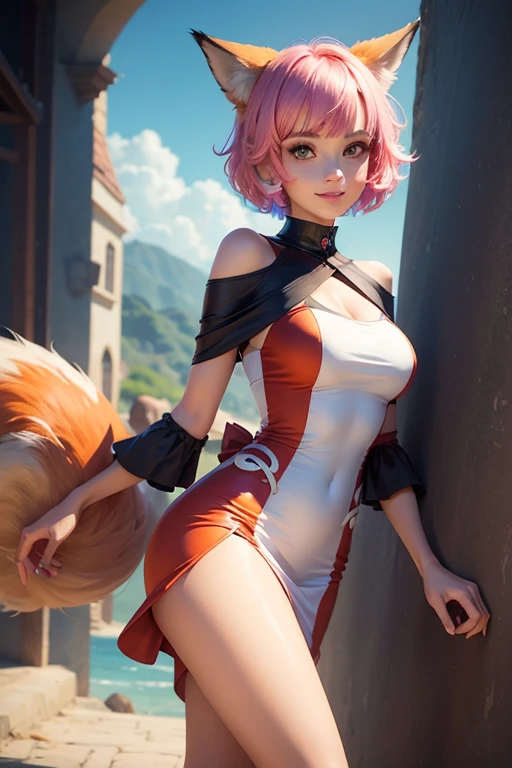 woman, short hair, Fox ears, Fox tails, colorful eyes, tight dress, ssmile, Masterpiece, hiquality