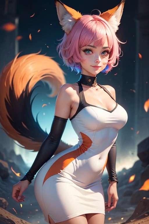 woman, short hair, Fox ears, Fox tails, colorful eyes, tight dress, ssmile, Masterpiece, hiquality