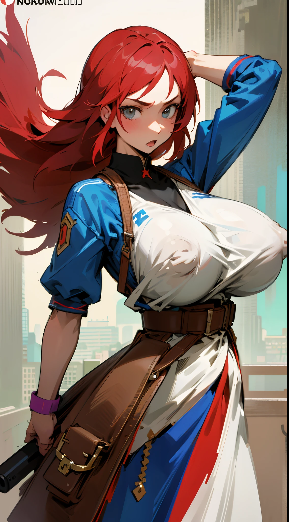 red hair, warrior, (masterpiece, top quality, best quality),pixel,pixel art, 1girl, (best quality:1.3),(masterpiece:1.1),(illustration:1.2),(ultra-detailed:1.2),big breast,massive breasts,