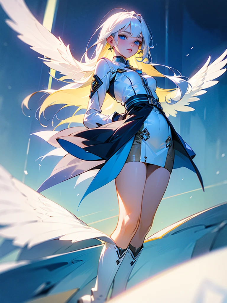 ((Best quality, 8k)), 19 year old pure white light female angel with wings, 1 girl, perfect body, perfect hair, perfect face, pretty, kinda cute, ultra detailed, face, body, skin, lips, hair, eyes, clothes, environments, and skin, fully clothed with skirt and boots, pure white hair with blue eyes, realistic graphics, realistic eyes, double eyelid