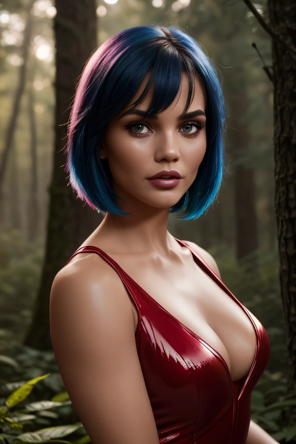 emo, ((Tight shirt)), eyeliner, ( Redshift style:1.1), (Bimbo sexy glossy:1),
young ([Nathalia Ashba,Chrissy Teigen:0.65]), (1girl:1.2), Slutty Instagram model, Electric blue haircut, Sideswiperd electric blue hair, Perky breasts, Abs, Erotic figure, Fit body, -appealing, (Looking at viewer:1.25), (Seductive smile:1.1),(Full facial blush:1.25), (Detailed face and eyes:1. 25), (muscular:1.2), outside, Forest, Sharp focus illustration, dramatic lighting, intricate, high detail, detailed realistic face, cinematic shot, (Masterpiece:1.1), (Highest quality:1.1), (Sharp focus:1.2), colored, cleavage, (Sexy red dress), Impossible dress, (puffy nipples, transparent), Sexy red dress
