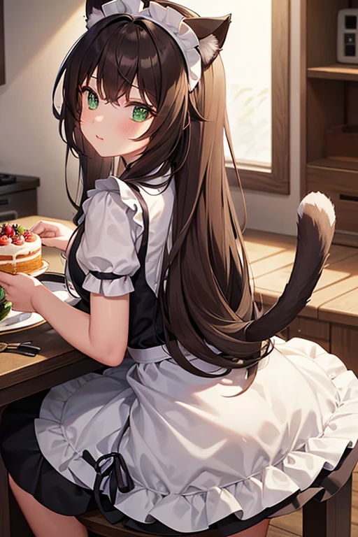 night time. Girl with green eyes and long brown hair. Two short curls lie on her shoulders in front. The main part of the hair is loose and visible from behind. The cat's tail is visible from behind. dressed in a maid's uniform, and wears cat ears as a headdress. Sitting on a chair in the kitchen at the table. There are cake and gifts on the table