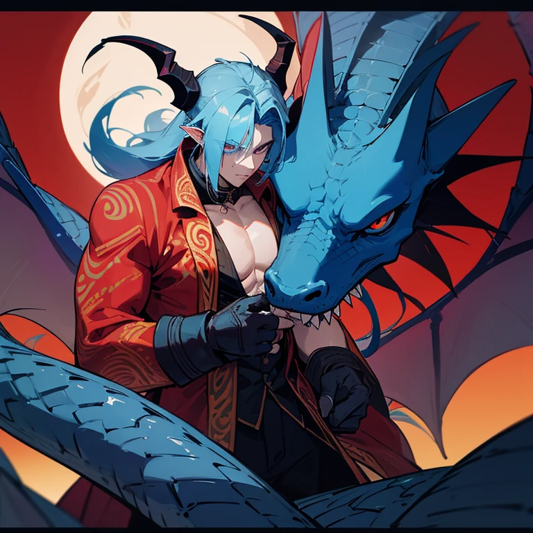 It has blue horns resembling a crescent moon. It has a long tail like a dragon. A skull covering his face, no face, and a red tattoo across his chest. There is only one eye under the cleavage.
He is a handsome dragon demon.