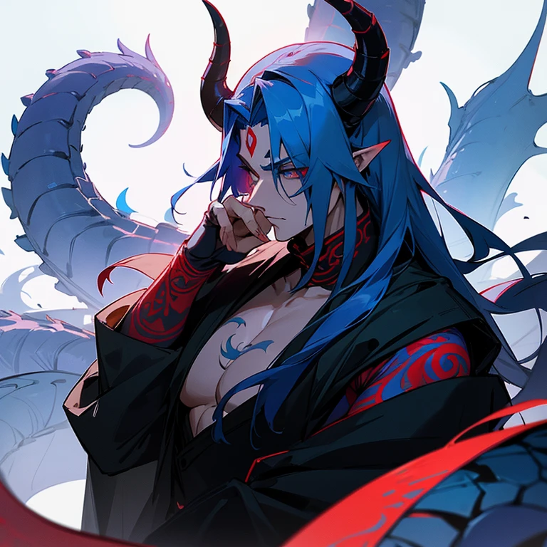 It has blue horns resembling a crescent moon. It has a long tail like a dragon. A skull covering his face, no face, and a red tattoo across his chest. There was only one eye beneath the cleavage.
He is a handsome dragon demon. He doesn't wear clothes.