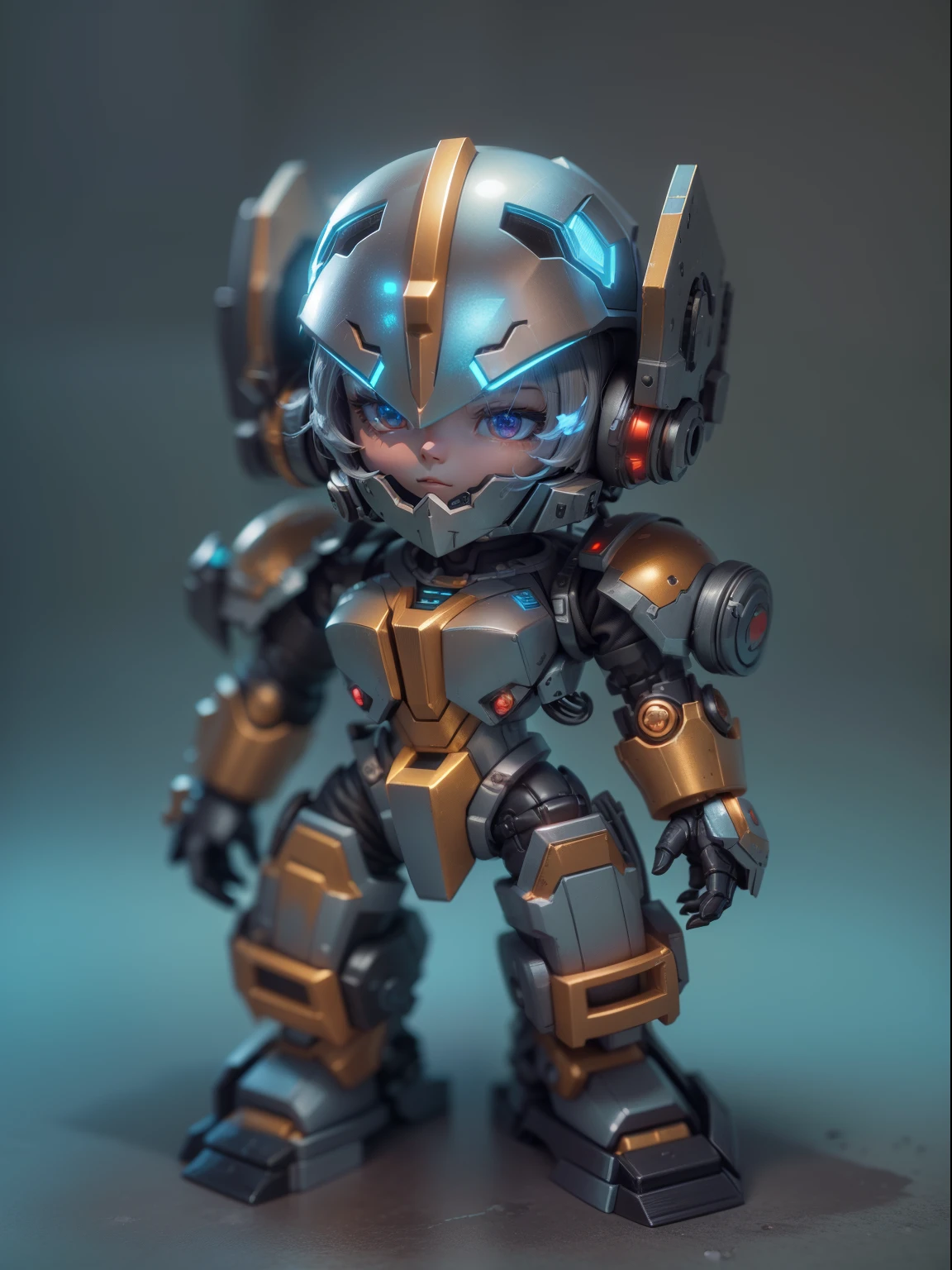 (Blind box toy style:1.2), (Full body shot) , 1 cute strong metal mage, Metal mech,Metal opaque helmet, cyber punk perssonage, dreamy glow, Clean, Black draft,red and blue style, ( Global illumination, Ray traching, hdr, unreal render,reasonable design, high detal, Masterpiece, Best quality, hyper HD, Cinematic lighting)