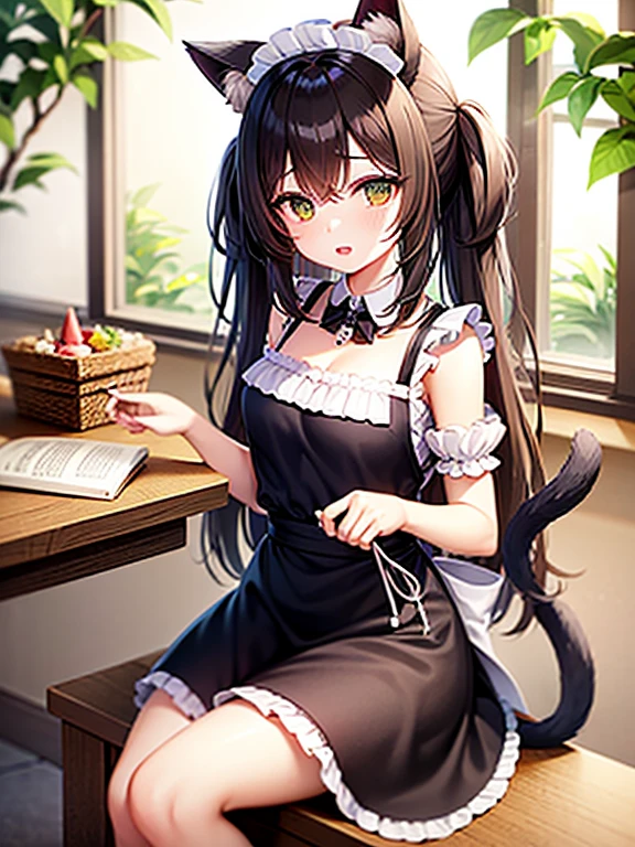 night time. 1Girl with green eyes and long brown hair. Two short curls lie on her shoulders in front. The main part of the hair is loose and visible from behind. The cat's tail is visible from behind. dressed in a maid's uniform, and wears cat ears as a headdress. Sitting on a chair in the kitchen at the table. There are cake and gifts on the table