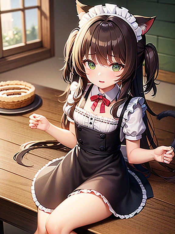 night time. 1Girl with green eyes and long brown hair. Two short curls lie on her shoulders in front. The main part of the hair is loose and visible from behind. The cat's tail is visible from behind. dressed in a maid's uniform, and wears cat ears as a headdress. Sitting on a chair in the kitchen at the table. There are cake and gifts on the table