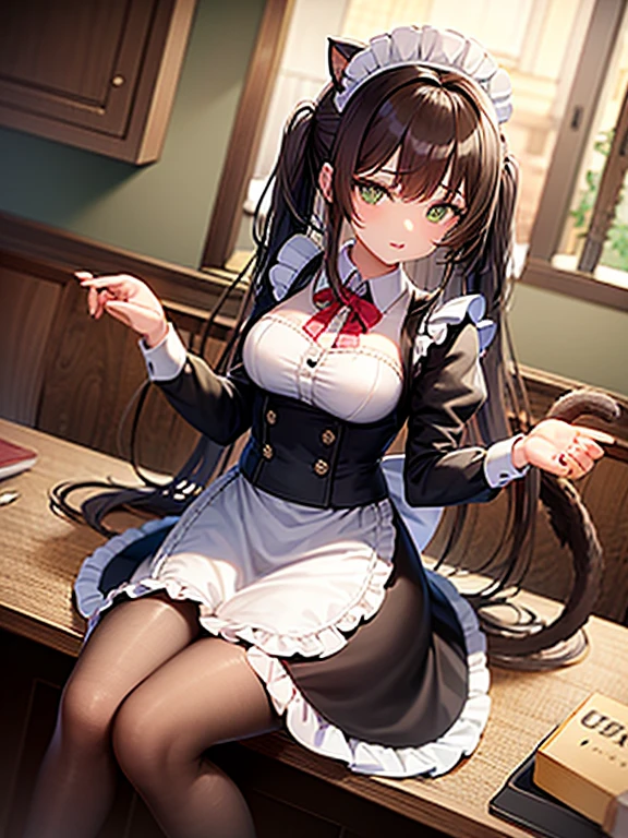 night time. 1Girl with green eyes and long brown hair. Two short curls lie on her shoulders in front. The main part of the hair is loose and visible from behind. The cat's tail is visible from behind. dressed in a maid's uniform, and wears cat ears as a headdress. Sitting on a chair in the kitchen at the table. There are cake and gifts on the table