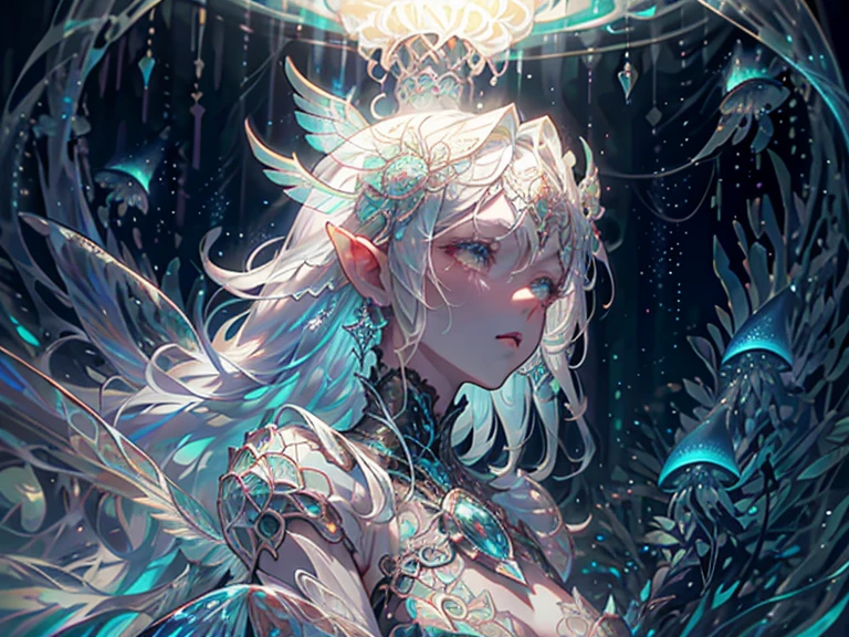Masterpiece, High Quality, Ocean Forest, City, Fantastic Fantasy, Glowing Plants, Coral Viaduct, (Swarm of Glowing Jellyfish), (Shoal of Fish with Transparent Wings Flying in the Sky), Misty, Extreme Detail, Morning Light, Epic Composition, (Intricate Detail), (Intricate Design, Ultra Detail: 1.2), Art Station, (Masterpiece, Best Quality), Ultra HD, 32k ,castle,1girl