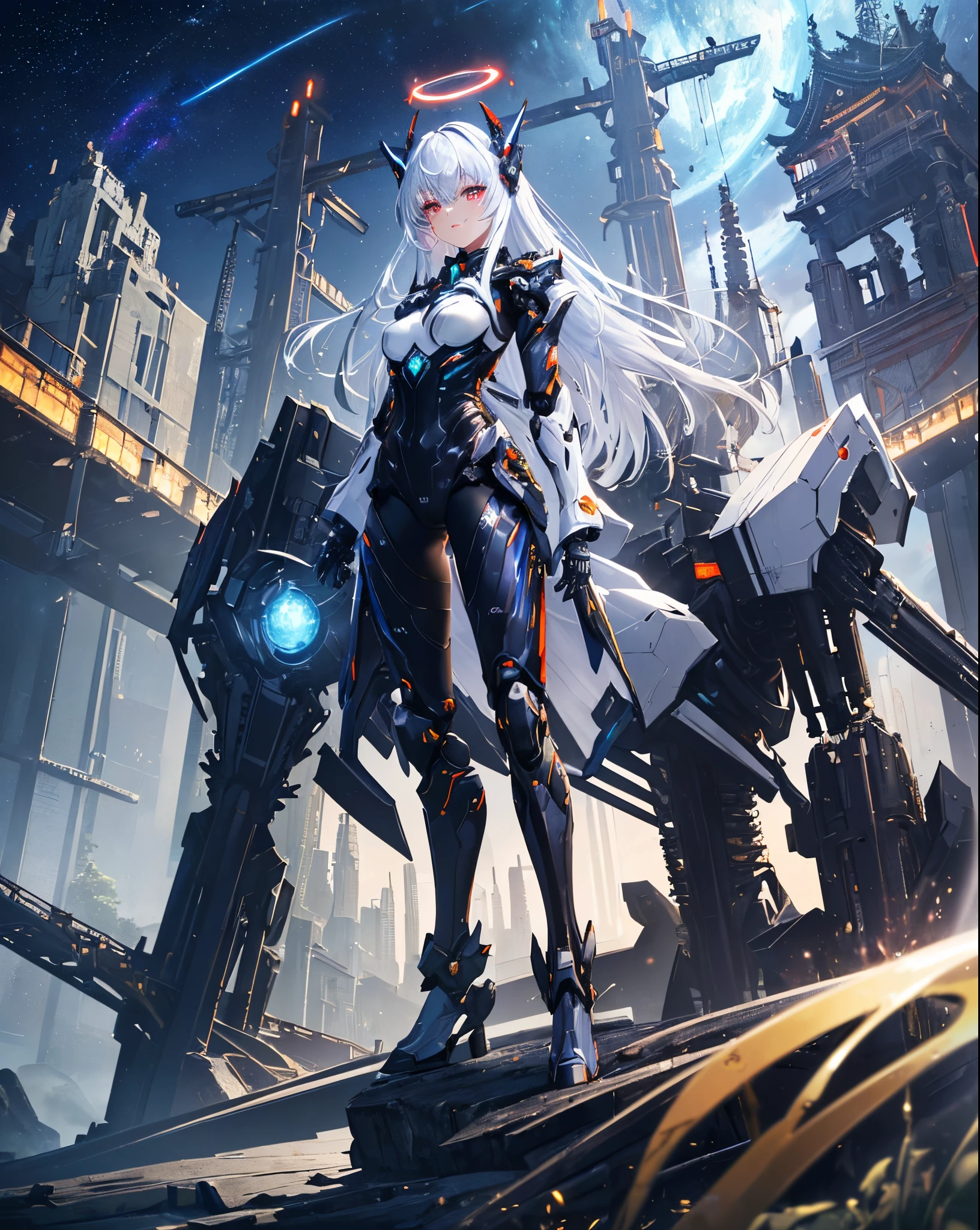 ((full_body)),((masterpiece,best quality,ultra-detailed,))very detailed illustrations,extremely detailed,intricate details,highres,super complex details,extremely detailed 8k cgi wallpaper,cowboy shot, caustics,reflection,ray tracing,demontheme,nebula,dark aura,cyber effect, (1girl:1.4),solo,alone,mecha musume,mechanical parts, robot joints,single mechanical arm, headgear, mechanical halo,star halo,intricate mechanical bodysuit, mecha corset, kimono, full armor, very long hair,white hair, hair between eyes, multicolored hair, colored inner hair, red eyes,glowing eye,eye trail, random expressions,random action, ancient japanese architecture,pond, starry sky,skyline,raw,hdr,dslr,((_pose as interactions, boldly leaning on a structure, leaning back in a dynamic way):1.3), ((hands_with_5_fingers):1), ((perfect_hands):1), ((perfect_fingers):1), ((perfect_legs):1), better_hands, More Detail".