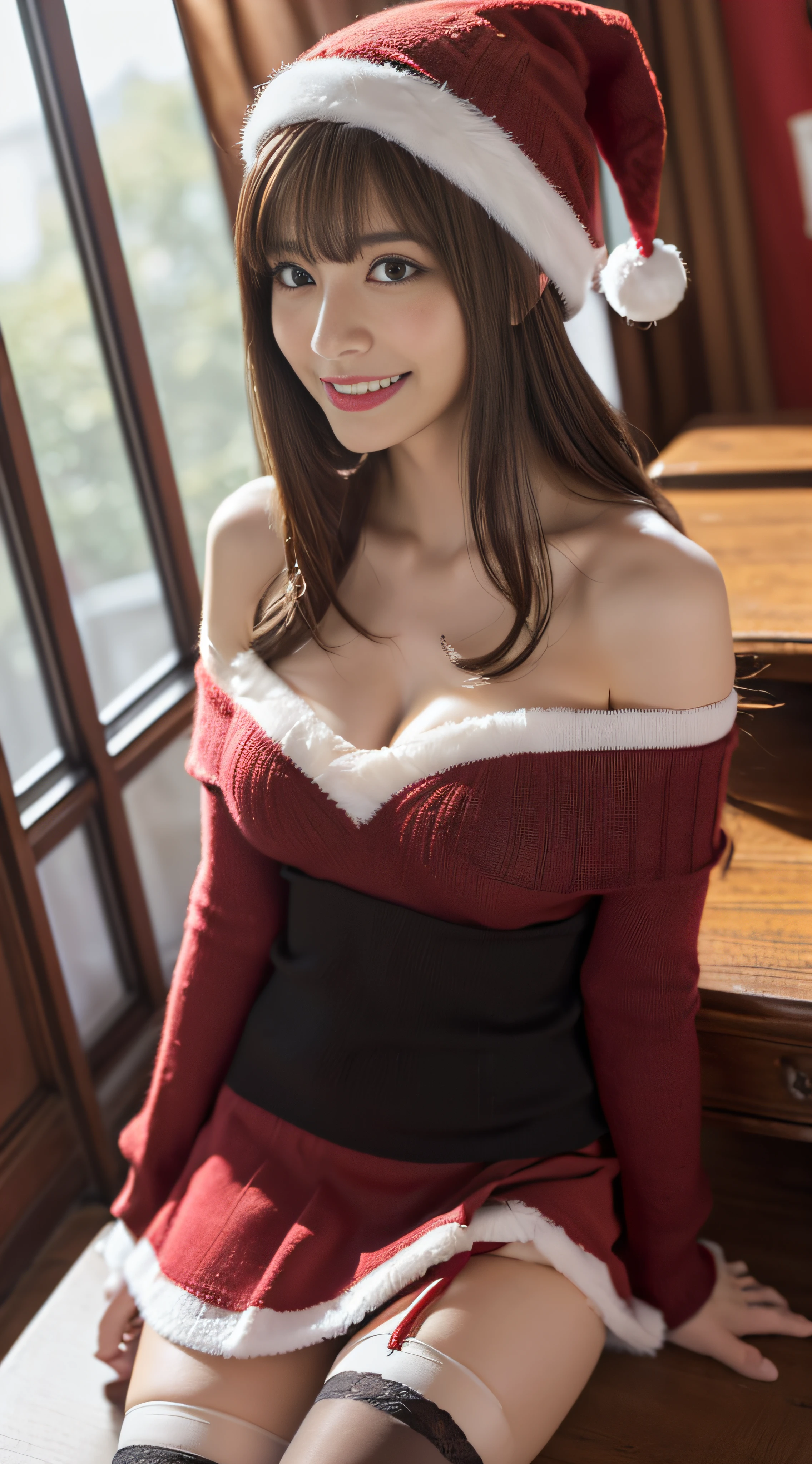 (8K, top-quality, masterpiece:1,2), (reallistic, Phot is orealsitic:1.37), Super Detail, One girl,), (Highly detailed), (beautifully detailed eyes), (of the highest quality), (super detailed ), (masterpiece), (Detailed face),20yr old, ,1 girl, full body, pink hair,Very short hair, medium breasts, clothed, Perfect Lighting,pussy and breast focus, looking at viewer, aroused face, naughty face, Dynamic Angle, (Santa Claus Costume、Red knitted hat、red and white off shoulder sweater、red and white flared skirt、Black garter stockings,、Christmas Party、Very embarrassing panic smile