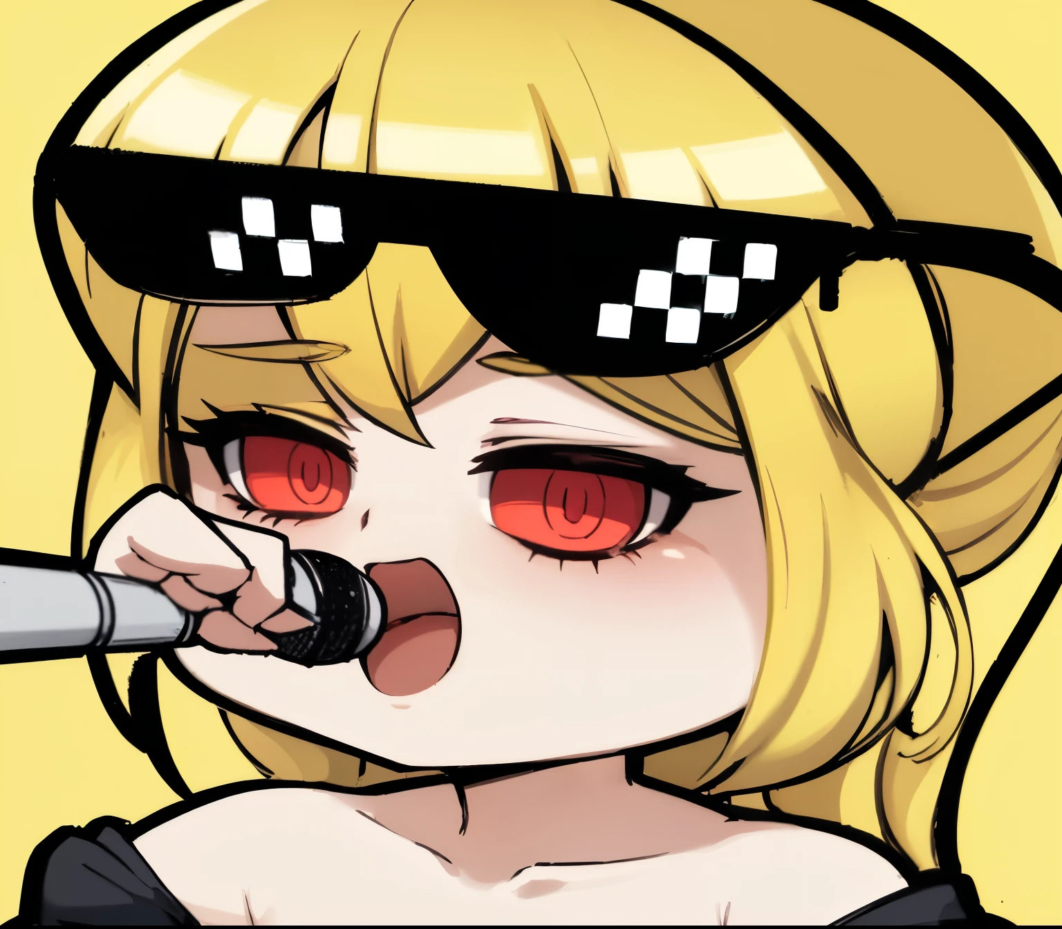 drawing of a woman with microphone and sunglasses, cara Ahegao, Ahegao, ig studios estilo anime, Nekomimi, r / arte, r/arte, r /arte, estilo de artee desconhecido, foto de perfil do discord, cel - estilo de artee sombreado, cynical face, Marisa Kirisame, em estilo anime, em estilo anime, halfbody headshot