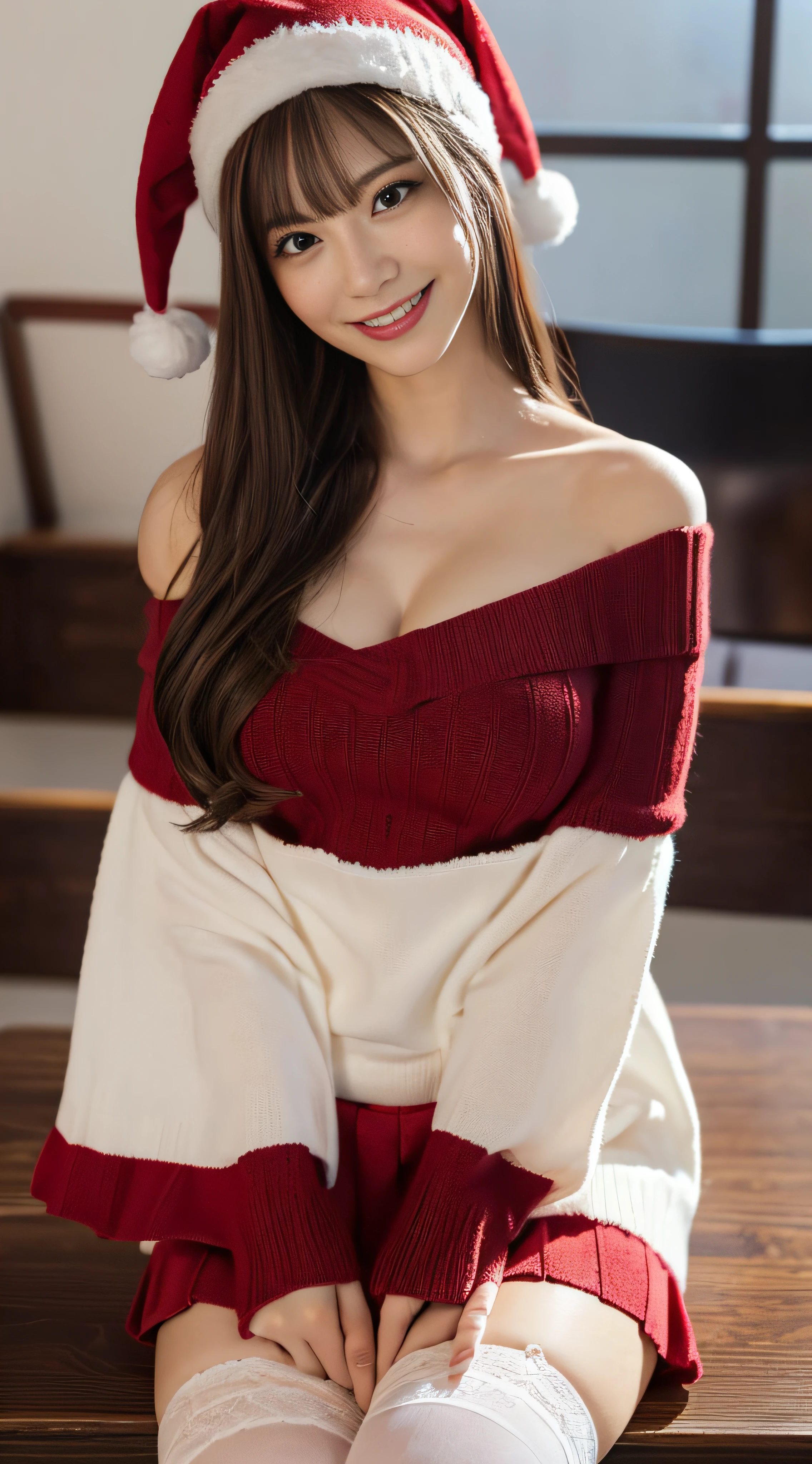 ((masutepiece, Best Quality, hight resolution, nffsw, Perfect Pixel, 4K, nffsw, nffsw))), 1girl in, Single, Solo, Beautie、full body seen、 ((Middle Wave Hair, Bangs, Brown hair)), ((Brown-eyed, Beautiful eyelashes, Realistic eyes)), ((Detailed face, Blushing:1.2)), ((Smooth texture:0.75, Realistic texture:0.65, Photorealistic:1.1, Anime CG style)), medium breasts, Dynamic Angle, Perfect body, ((Santa Claus Costume、Red knitted hat、Red off-the-shoulder sweater、red and white flared skirt、Black garter stockings、Transverse breasts、School classroom without people、Sit on a desk、Lower'I took my foot off the desk....................、early evening、、((Angle from below))、Very embarrassing panic smile、(Lift the skirt with both hands、Open both legs、I can see my panties)、