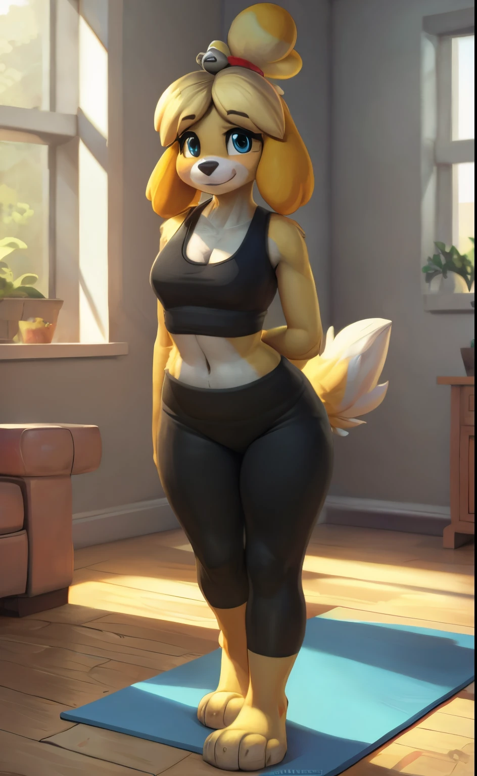[isaCrossing], [Isabelle; Animal Crossing], [Uploaded to e621.net; (Pixelsketcher), (wamudraws)], ((masterpiece)), ((HD)), ((solo portrait)), ((front view)), ((feet visible)), ((furry; anthro)), ((detailed fur)), ((detailed shading)), ((beautiful render art)), {anthro; (slim figure), yellow fur, black nose, small brown eyebrows, cute surprised blue eyes, cute smile, (blushing), blonde hair, (bells in hair), topknot, fluffy tail, (curvy hips), (beautiful legs), (beautiful paws)}, {(red ribbon in hair), (green tank top), (cleavage), (navel), (black spandex yoga pants)}, {(on yoga mat), (standing), (pigeon-toed), (looking at viewer)}, [background; (living room), (window), (sun rays)]