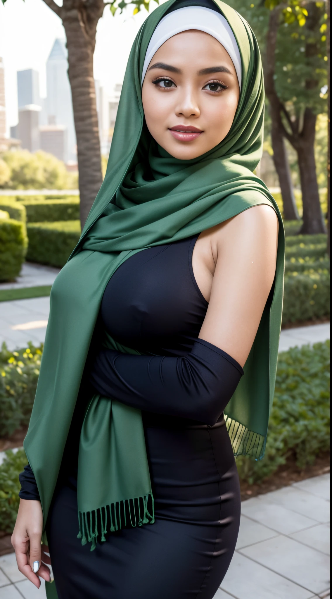 RAW, Best quality, high resolution, masterpiece: 1.3), beautiful Malay woman in hijab,Masterpiece, perfect fit body, ((Huge breast)), big orgeous eyes, Soft smile,woman in a green scarf standing in a city garden, lovely woman, hijab, malay, Beutifull girl, with lovely look, casual pose, beautiful lady, shawl, beautiful woman, with accurate, scarf,Delicate turtleneck, necklace, shairband, afternoon walk, City garden, Excellent lighting, Bright colors, Clean lines