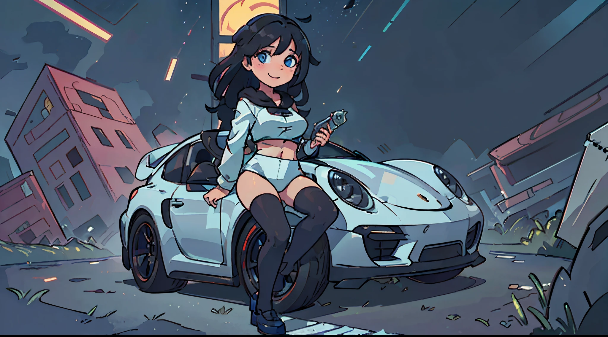 （（tmasterpiece，best qualtiy））， （（1girll））， （1girll：1）， [The Car]， 独奏， sitted ， Sideburns， Water-colored eyes， By bangs， hair between eye， looking at viewert， longer sleeves， brightly， Beautiful Details Sky， optic， [motorvehicle]，[groundvehicle]， Sports cars， White shirt，  long whitr hair， Black color hair， Beautiful thighs，pink panty， blackfootwear， Vehicle focus，