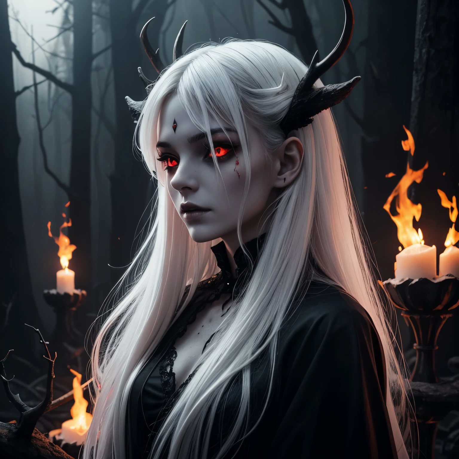 dark, unholy, evil, astral, creepy style, undead, rotting skin, mystical, nice perfect face with soft skin, young beautiful girl portrait on fire, from side, white smoke, mist, night, black clothes, long white hair, antlers, glowing red eyes, light red glow, fire