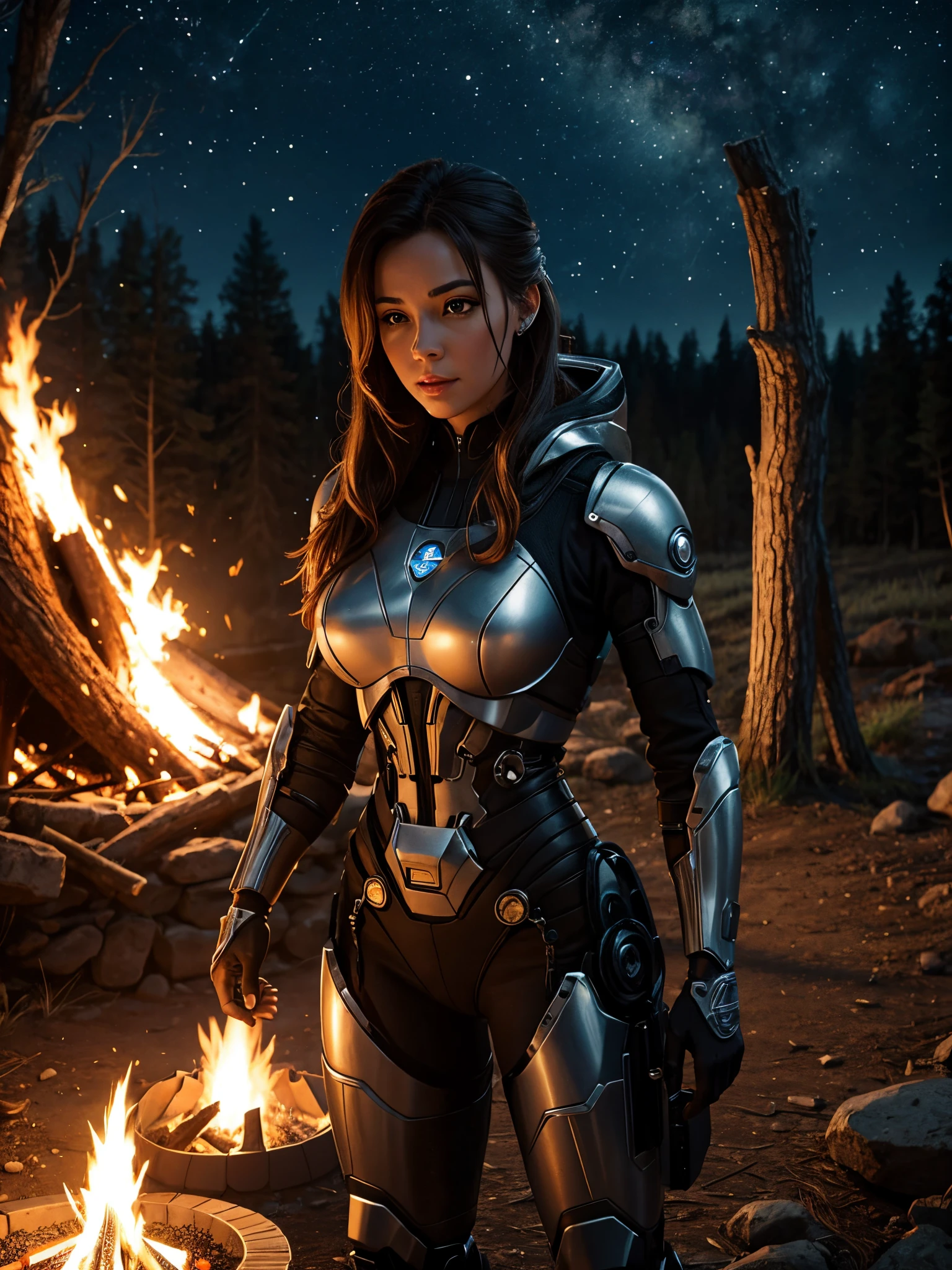 A gorgeous female cyborg sitsdown by the campfire near her kevlar tent in the woods on a bright starry night, enjoying a metal cup of hot chocolate and marshmallow, insanely detailed and intricate scene, a masterpiece photo realistic image of color comic maestro Don Lawrence, in a CGI 3D render unreal engine 5, in Midjourney Style, with a more colorful background